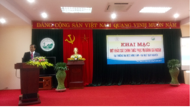 Associate Professor, PhD. Tran Van Dien - Secretary of the Party Committee, Principal of Nong Lam University spoke at the opening ceremony of the KSCT round to serve the assessment.